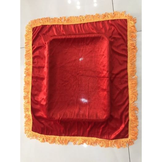 ┇ Khăn trải mâm Khăn phủ đỏ (khăn nhung đỏ tua rua vàng phủ khay) cắt băng khánh thành
