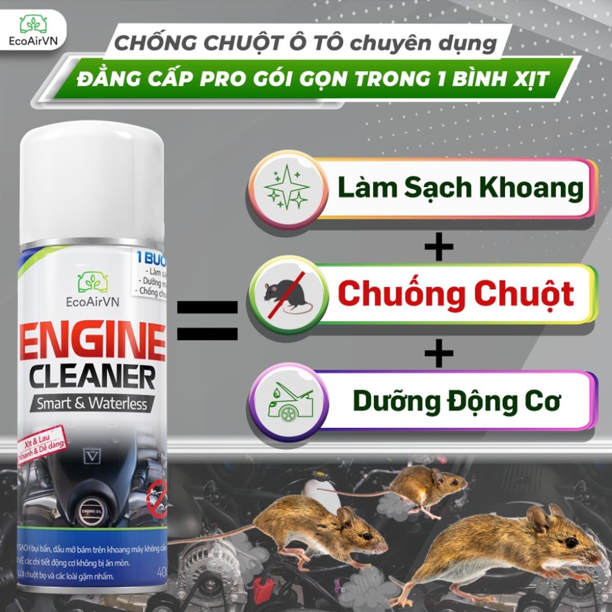 Chống chuột, đuổi chuột, diệt chuột khoang máy ô tô ecoairvn engine cleaner - freeship