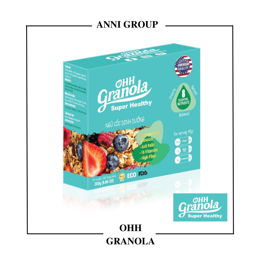 Ngũ Cốc Giảm Cân, Hoa Quả, Dinh Dưỡng Yến Mạch Ohh Granola 250g,  thành phần yến mạch, hạnh nhân, hạt điều, hạt mắc ca, nho khô, nam việt quốc với mật ong nguyên chất giàu chất xơ -Anni Group
