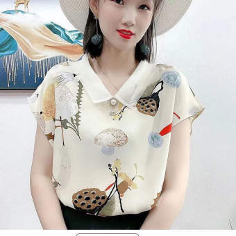 Áo Thun Nữ Dáng Rộng In Họa Tiết Voan Cổ Búp Bê Mùa Hè Mới Tay Ngắn Áo Sơ Mi