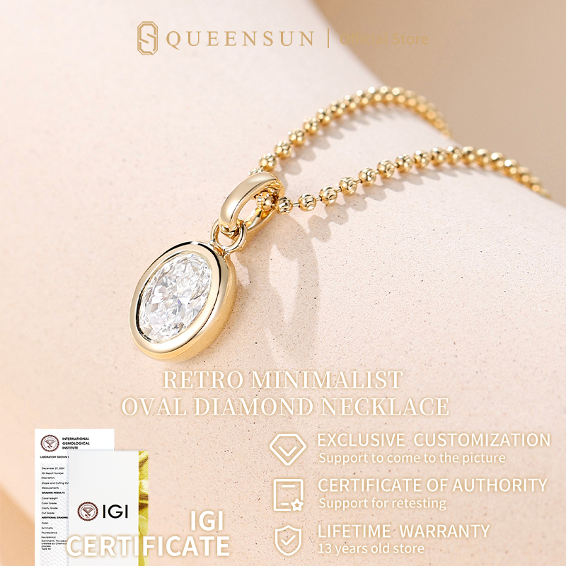 Queensun﻿ IGI 1Carats 18k Gold Lab Diamond Oval Bezel Set Solitaire Pendant Necklace | Lab Diamond Solitaire Necklace | Minimalist Gold Bead Chain | Daily Wear Dainty Pendant | Sparkling Simple Jewelry |   18K 金培育钻石珠链吊坠 简约包镶轻奢设计 日常/通勤百搭高级感饰品