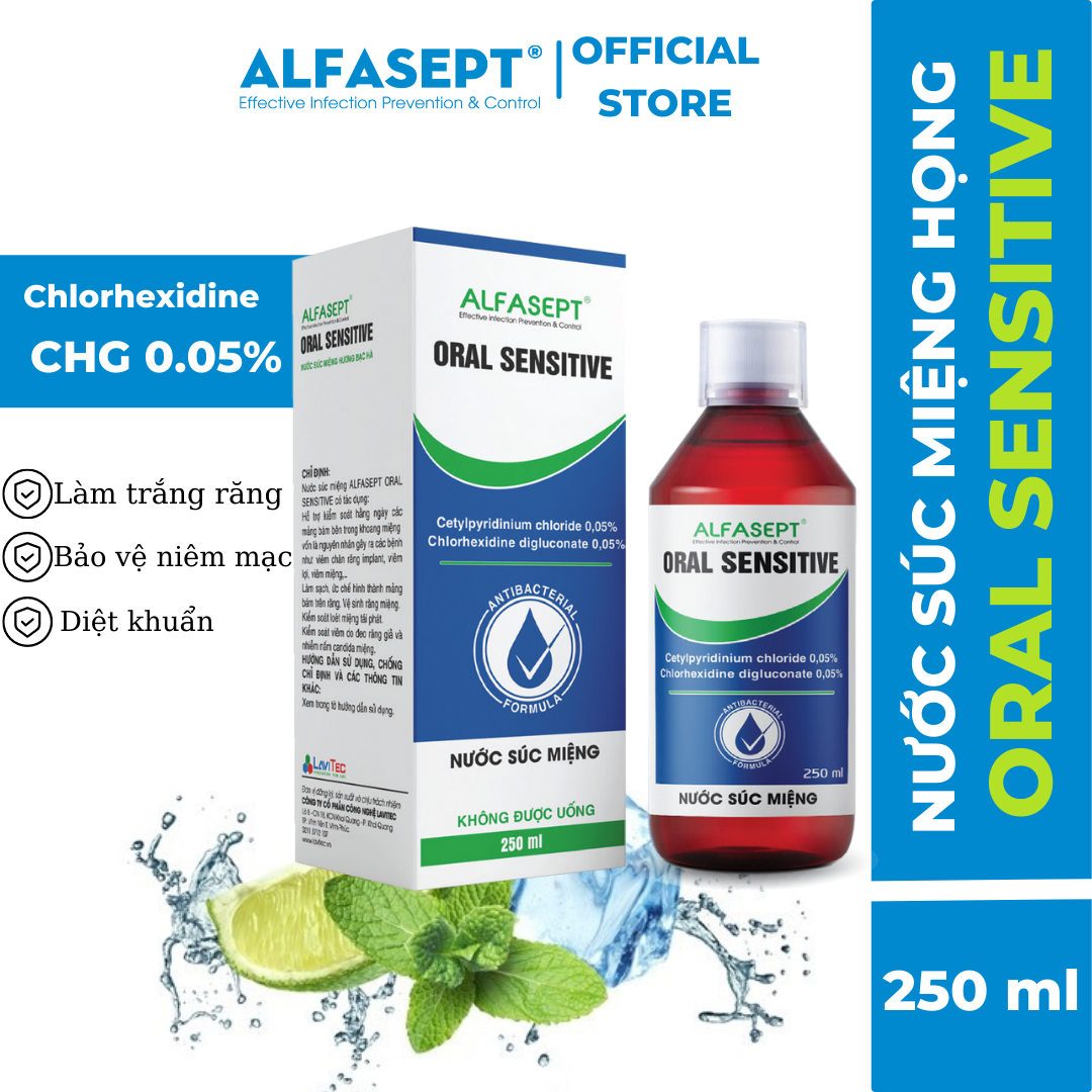 Nước súc miệng hương bạc hà Alfasept Sensitive 250ml Chlorhexidine 0.04%