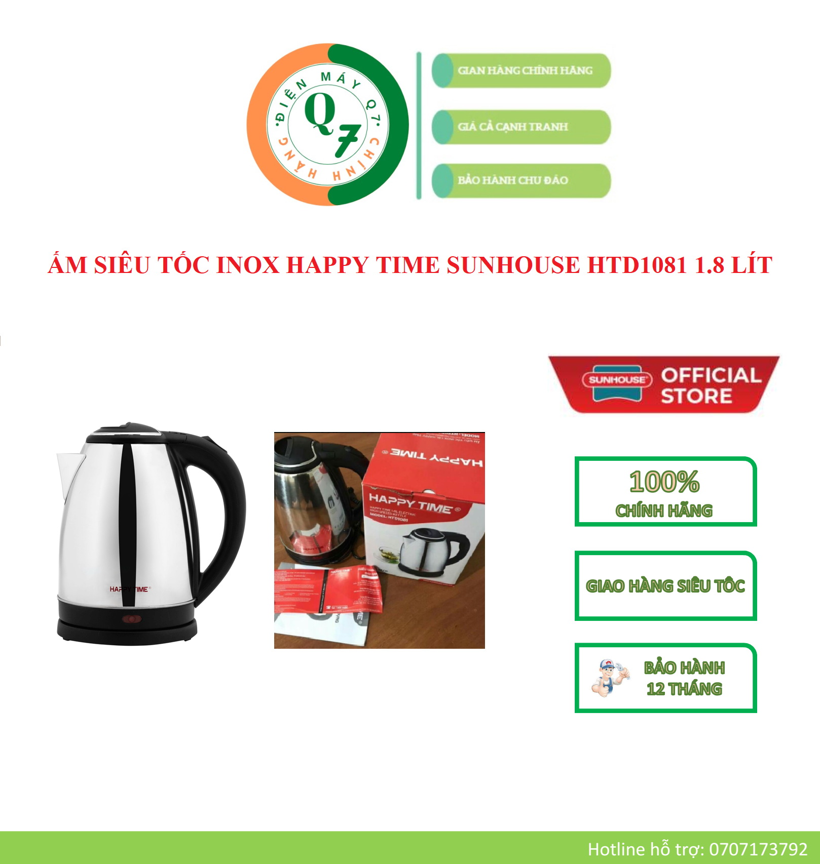 Htd1081 - ấm siêu tốc inox sunhouse happy time 1.8 lít - bảo hành chính hãng 12 tháng