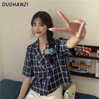 DUOHANZI Áo LửNg Áo Vest Nữ Ngắn Tay Kẻ Sọc Bộ Đồ Nhỏ Xếp Nếp Mỏng