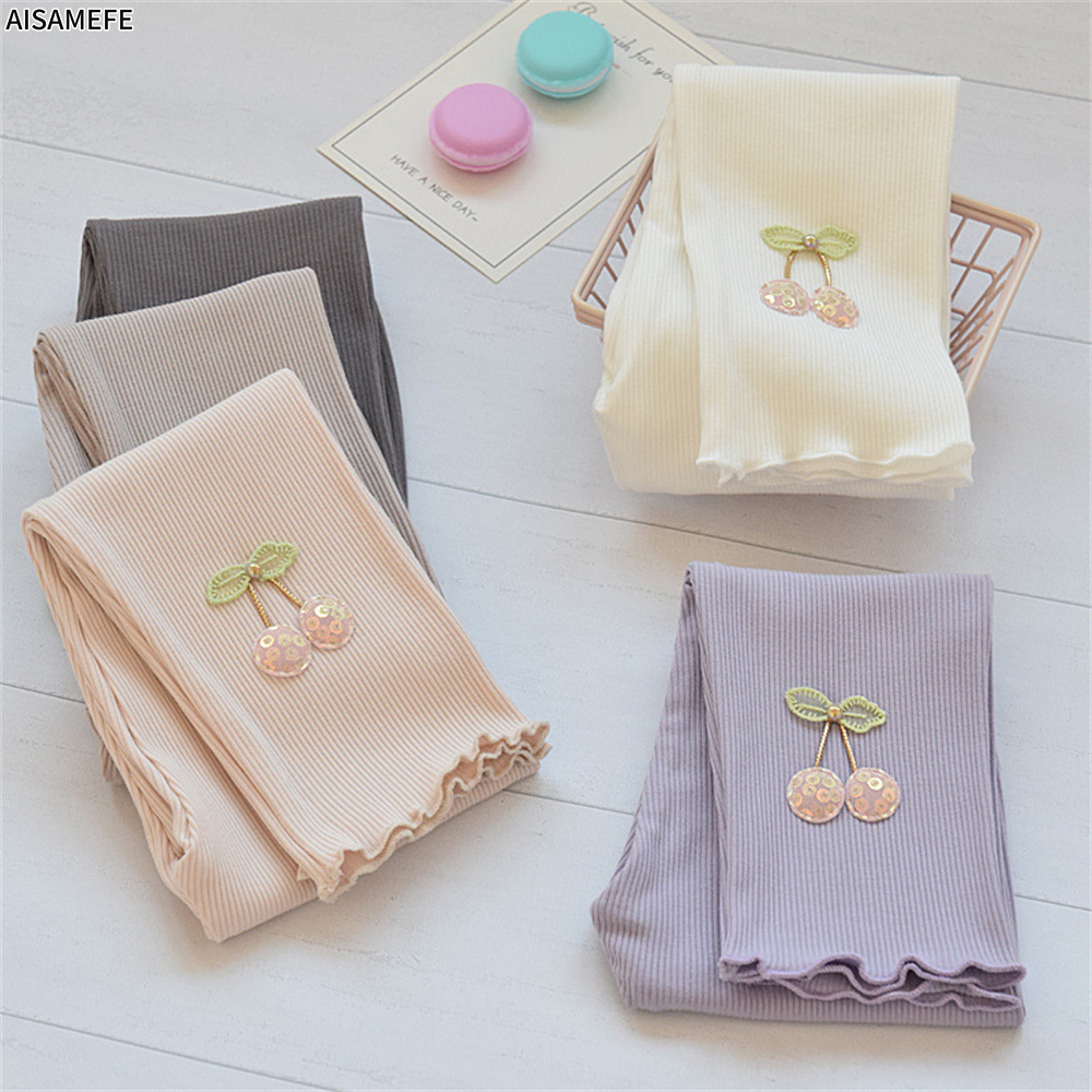 AISAMEFE Girls Leggings Thin 3d Cherry Decoration Corrugated Edge Children Trousers Summer Outer Wear Spring 2-8Y Girls Bottoms ราคา  175 บาท*ส่งฟรี