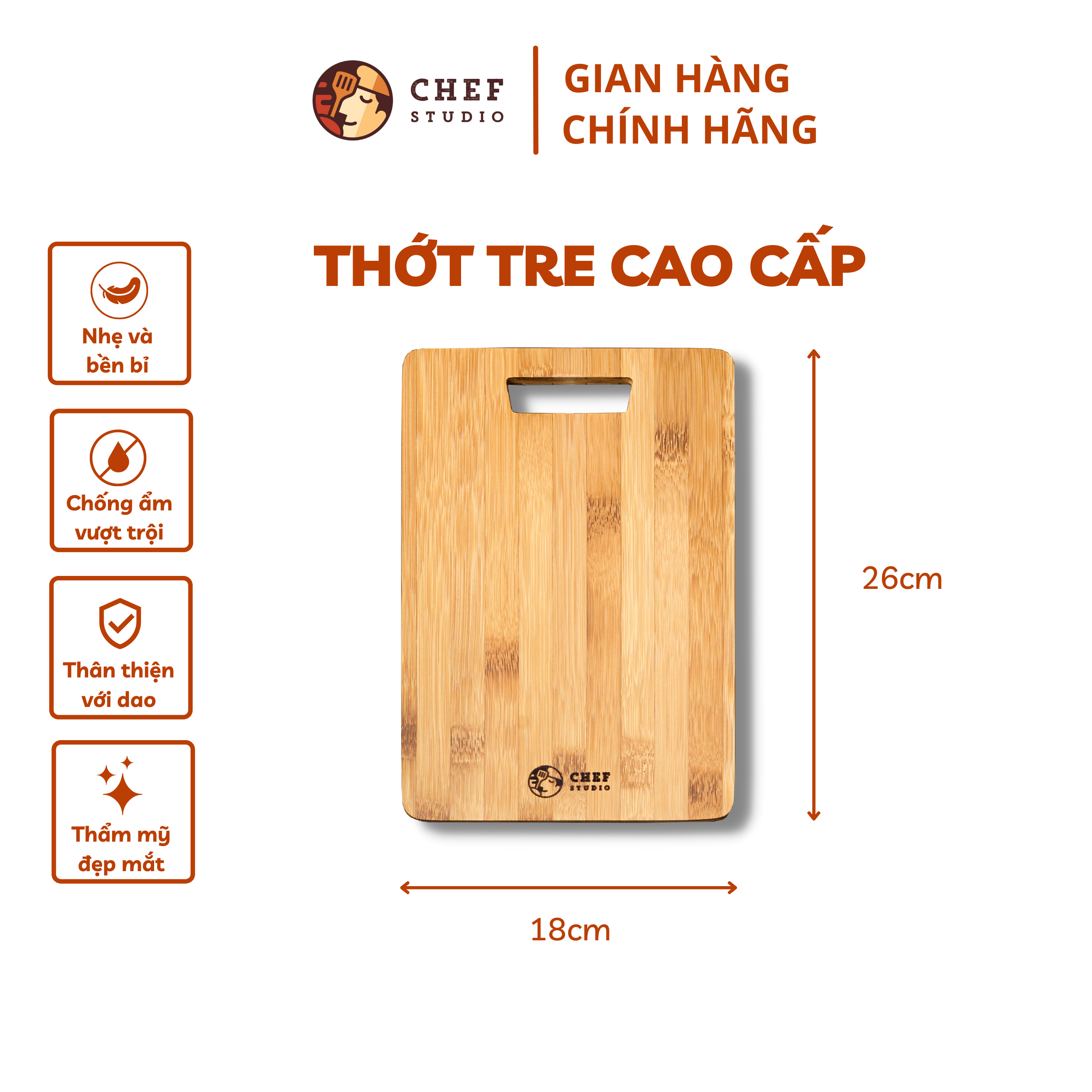 Thớt tre Chef Studio cao cấp hình chữ nhật an toàn cho sức khoẻ, bền bỉ, dùng để cắt thái, bày trí đồ ăn