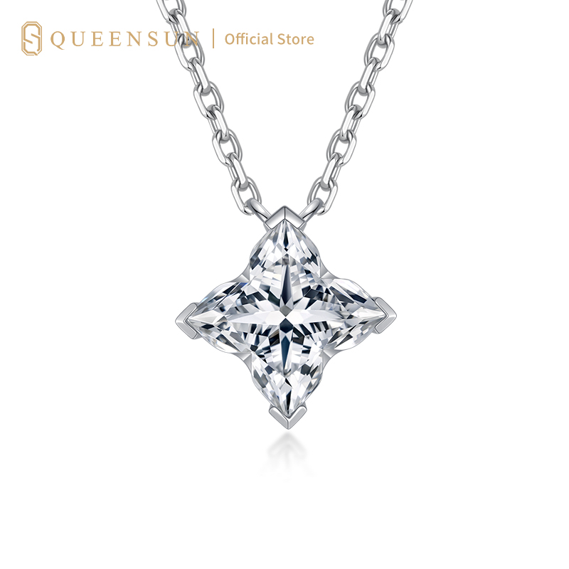 Queensun 18k Gold Lab Diamond Four-Point Star Pendant Necklace | Lab Diamond Clover Necklace | Sparkling Diamond Star Pendant |Minimalist Luxury Necklaces |Daily Wear Diamond Jewelry18K 金四芒星满钻培育钻石项链
