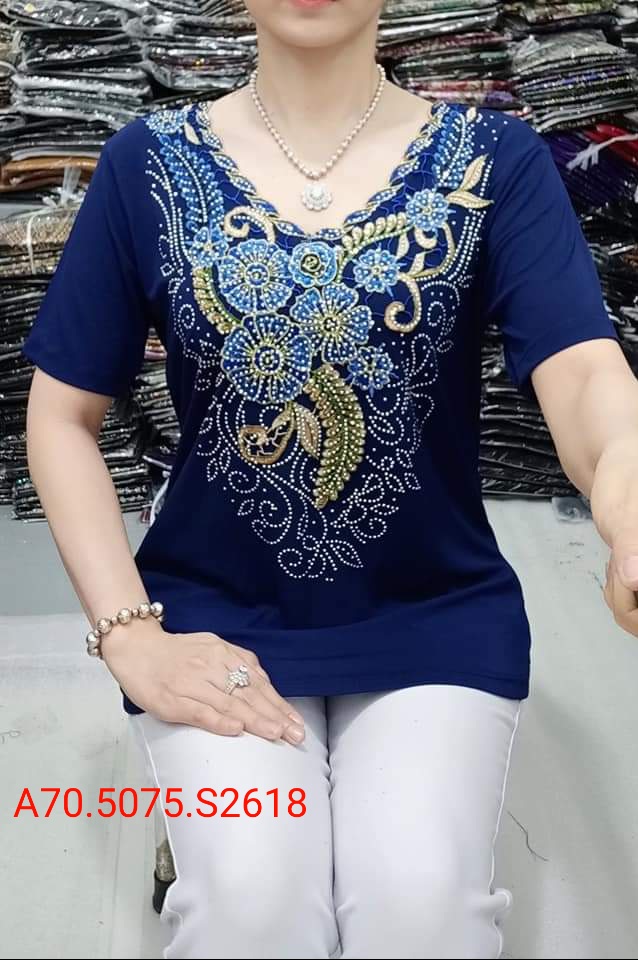 Thời trang trung niên cao cấp - áo solen thêu hoa 3d đính đá