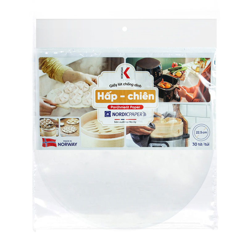 Giấy lót chống dính hấp chiên Kokusai không lỗ 20.5cm 30tờ/túi chống dính món nướng món hấp hoặc lót nồi chiên không dầu