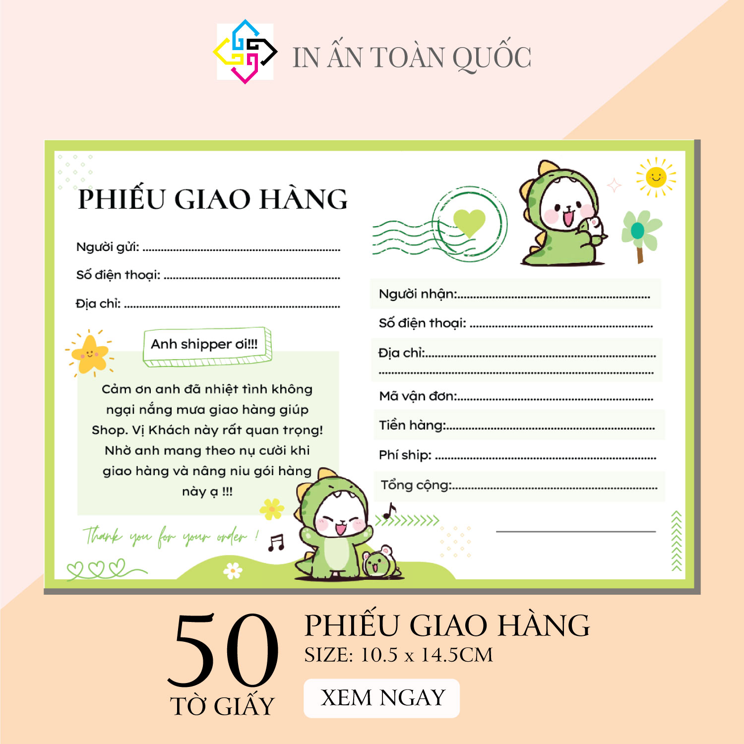 SET 50 tờ Phiếu giao hàng, giấy giao hàng, phiếu ship hàng siêu xinh mẫu hoạt hình size 10.5 x 14.5 cm