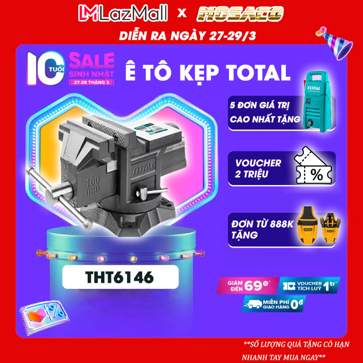 Ê tô kẹp 4 TOTAL THT6146, kích thước đế xoay 4 inch. Êtô cơ khí, kích thước đế 4 inch, trọng lượng 6.7 kg, lực kẹp tối đa 1300 KGS, đóng gói họp carton, chất lượng thép có độ cứng cao - MOSACO
