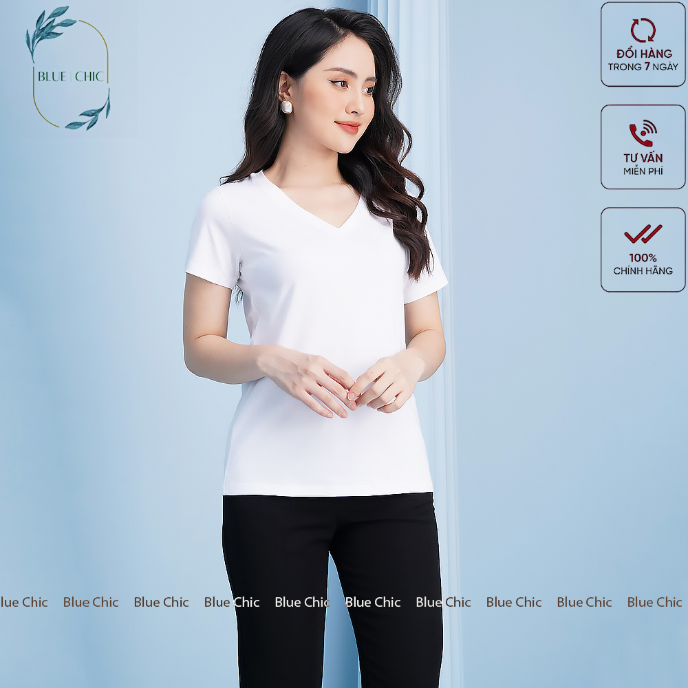 Áo thun nữ Blue Chic cộc tay cổ tim chữ v thun trơn form rộng co giãn màu đen trắng cam bigsize thời trang basic
