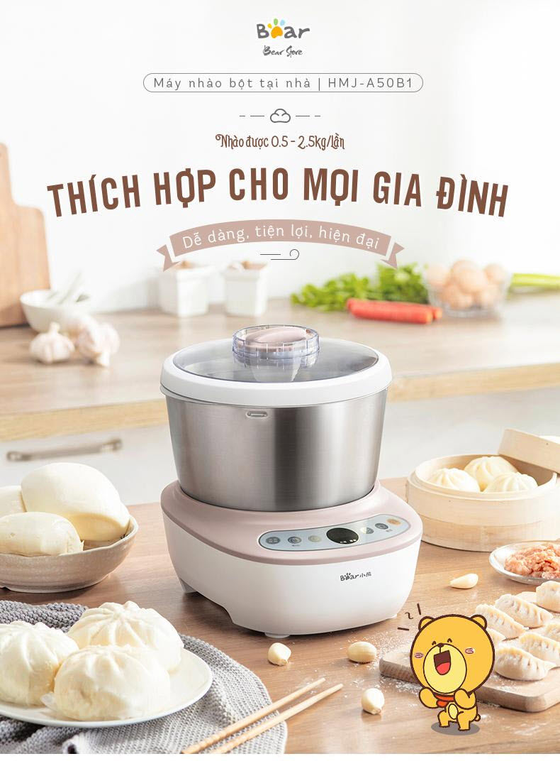 Máy Nhào bột, ủ bột và làm bánh Bear HMJ-A50B1 (5L) - Máy nhào bột làm bánh mỳ - Máy tạo bột chính hãng bear - Bảo hành 12 tháng uy tín tại Giang Chi Ecovacs's House
