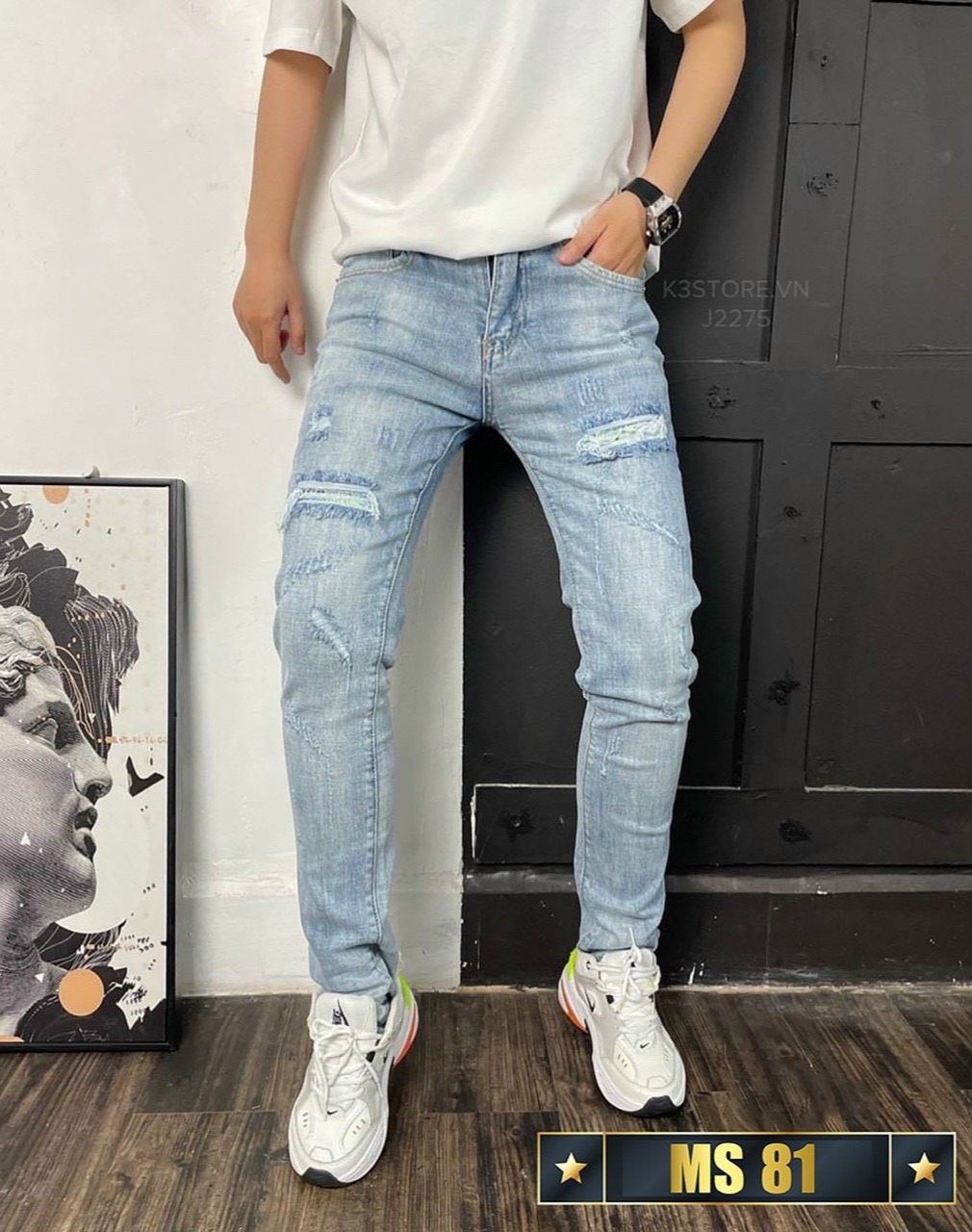 [HCM]Quần Jean Nam Quần Bò Nam Rách Gối Phong Cách CANDY FASHION MS81 Áo thun nam đen trơn size S