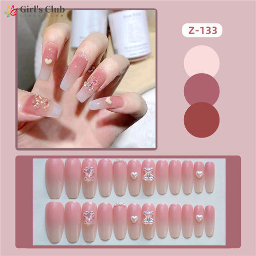 24PCS Pink Long Press on Nails Cute Bear & Pearl Design Fake Nails ...
