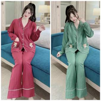 Đồ bộ mặc nhà ,bộ ngủ nữ pijama đũi gân gấu 2 túi tay dài quần dài ,đồ bộ mặc ở nhà chất vải đũi gân freesize 38-55kg