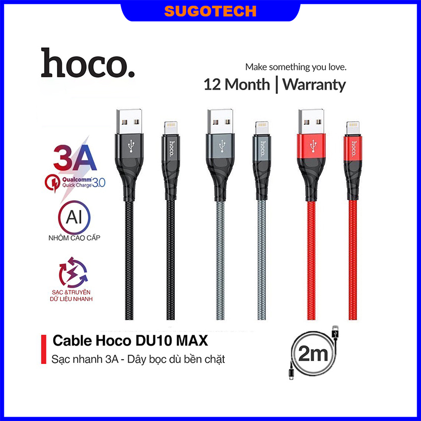 Cáp sạc nhanh Iphone 3.0A Hoco DU02 Plus dài 2m chính hãng sạc nhanh bọc dù chống đứt gãy gập USB to Lightning - Sugotech