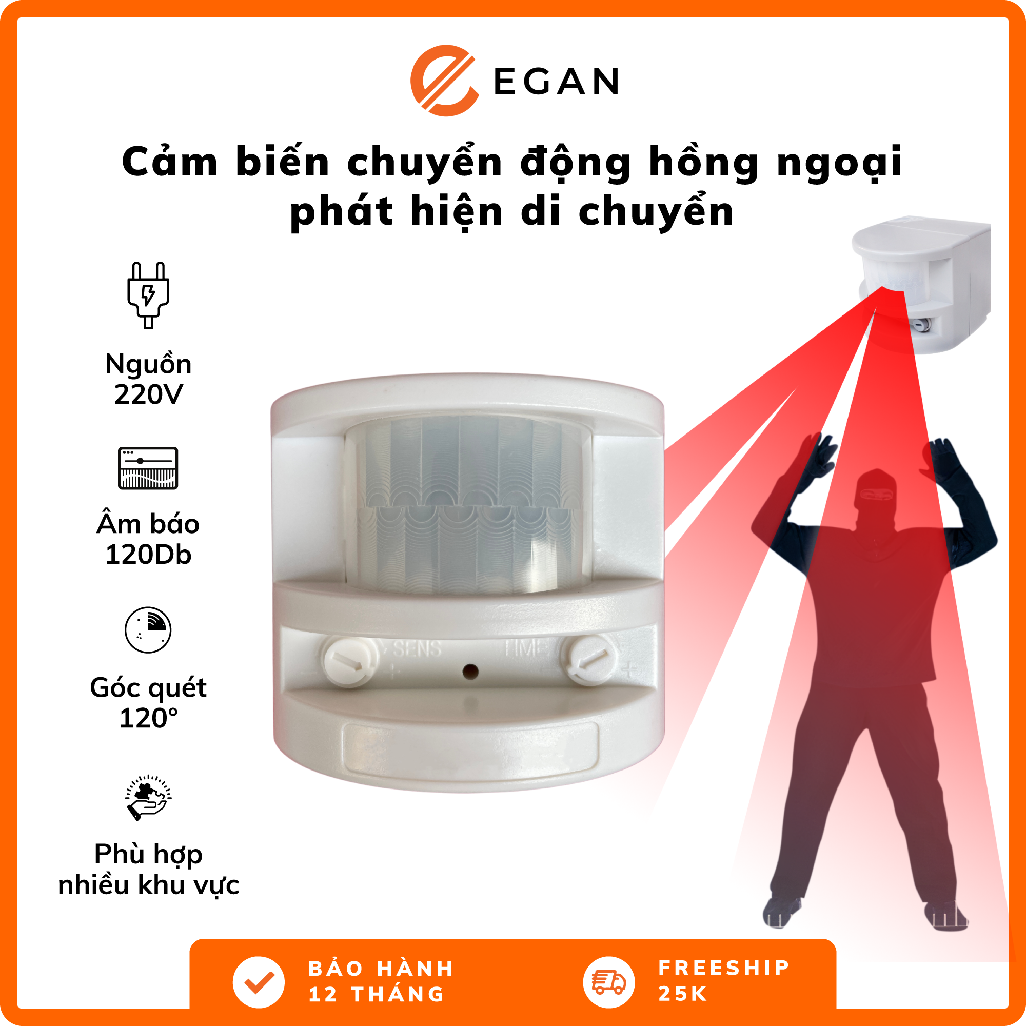 Cảm biến hồng ngoại phát hiện di chuyển và chuyển động, cảm ứng hồng ngoại PR-HD3 Pingron, sử dụng nguồn 220V, gắn được còi riêng và hú còi sáng đèn khi có di chuyển