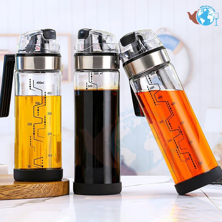 Bình rót dầu ăn , chiết rót dầu 480ml, bình đựng dầu ăn gia vị thủy tinh cao cấp có quai cầm, bình dầu ăn thủy tinh chia vạch có vòi chiết rót và nắp đậy vệ sinh 480ml