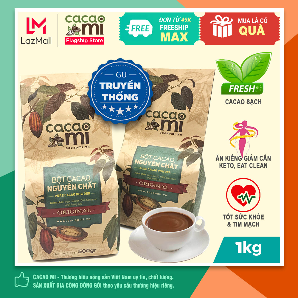  Bột cacao nguyên chất không đường CACAOMI Original vị truyền thống dùng pha chế socola nóng milo dầm trà sữa granola giảm cân ăn kiêng 1kg 