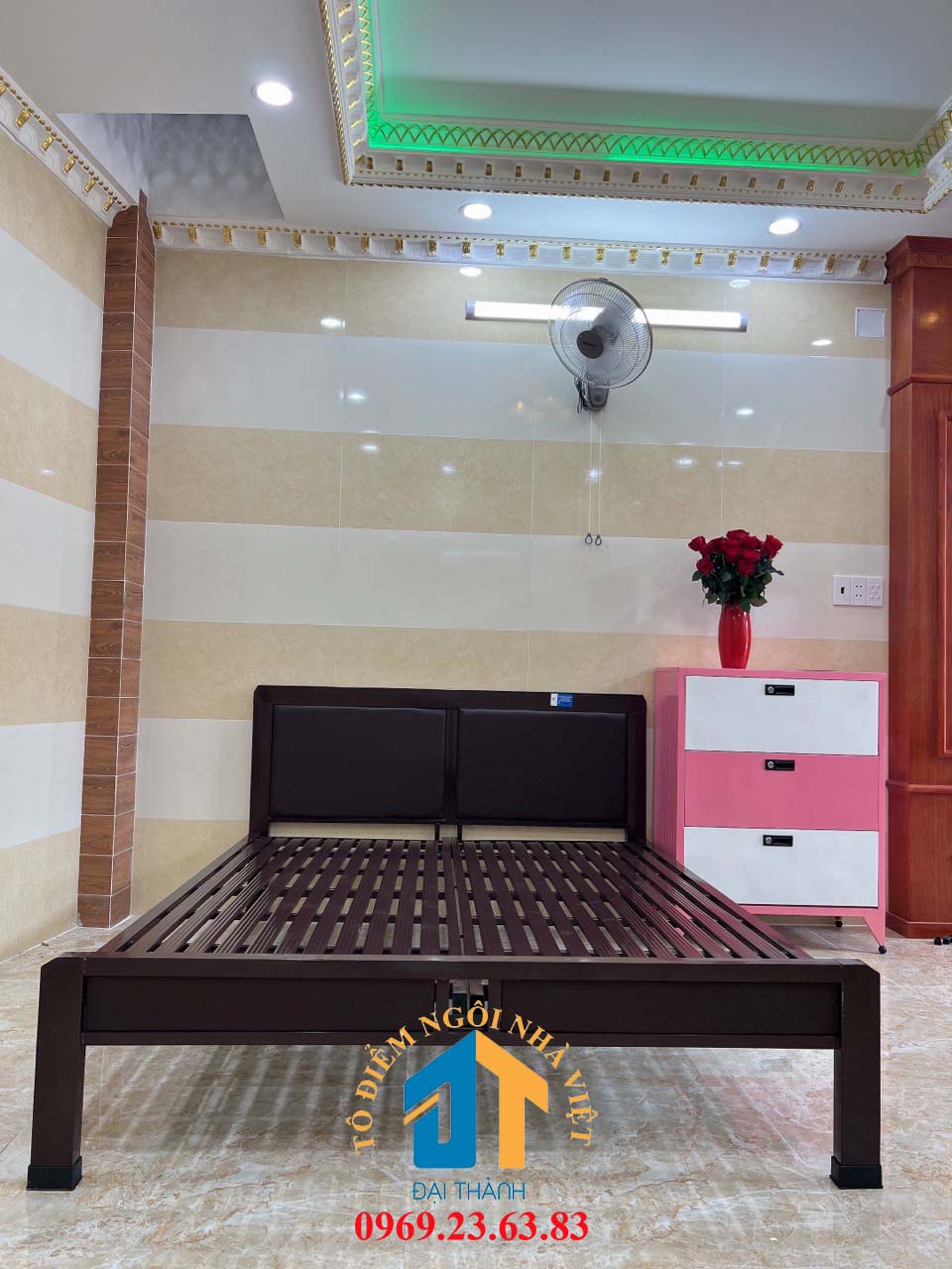 Giường sắt hộp mẫu giả gỗ cao cấp kích thước ngang 1m4 x dài 2m ĐẠI THÀNH