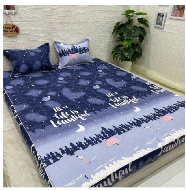 Set ga + 2 vỏ gối trần bông, bộ ga gối chun chần cotton poly, drap giường, đủ kích thước m2/m6/m8/2m2 họa tiết trượt tuyết