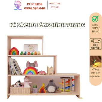 Kệ sách 3 tầng, giá đựng sách bằng gỗ, kệ đựng đồ hình bậc thang cho bé Montessori, giá sách đa năng