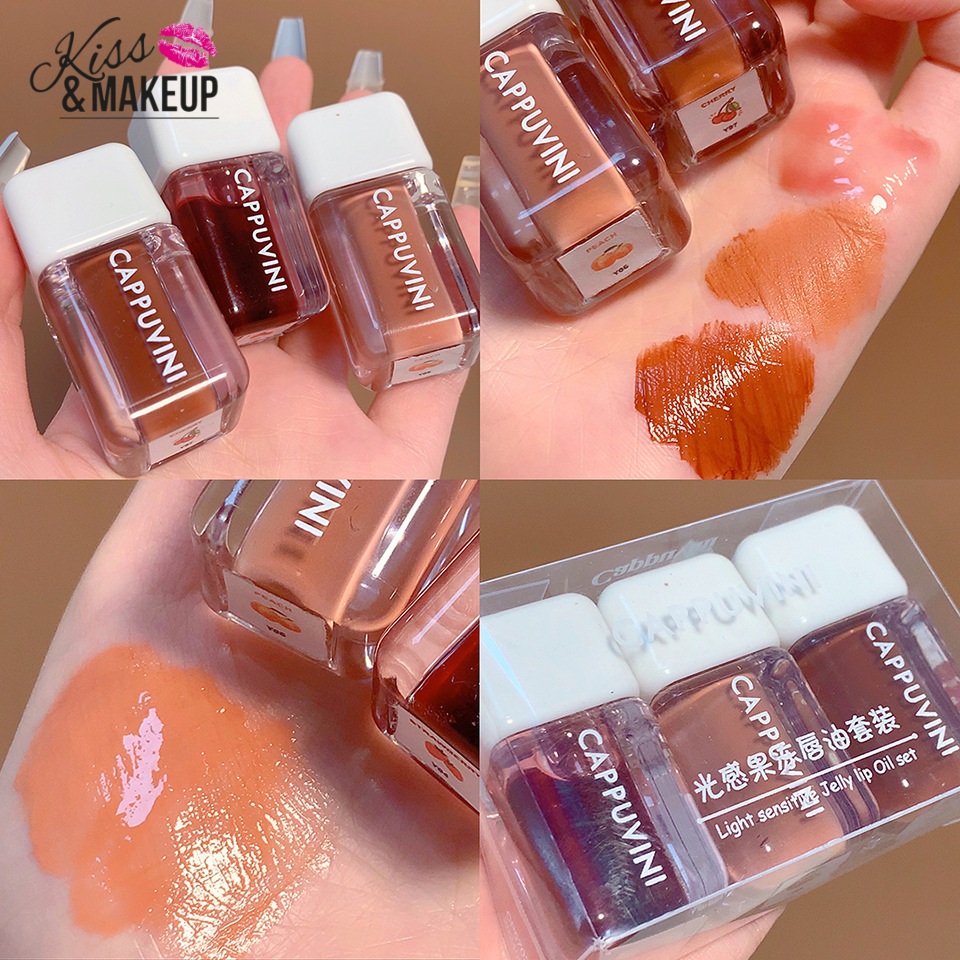 Set 3 Son bóng CAPUVINI màu nude lấp lánh 3D dưỡng ẩm trong suốt