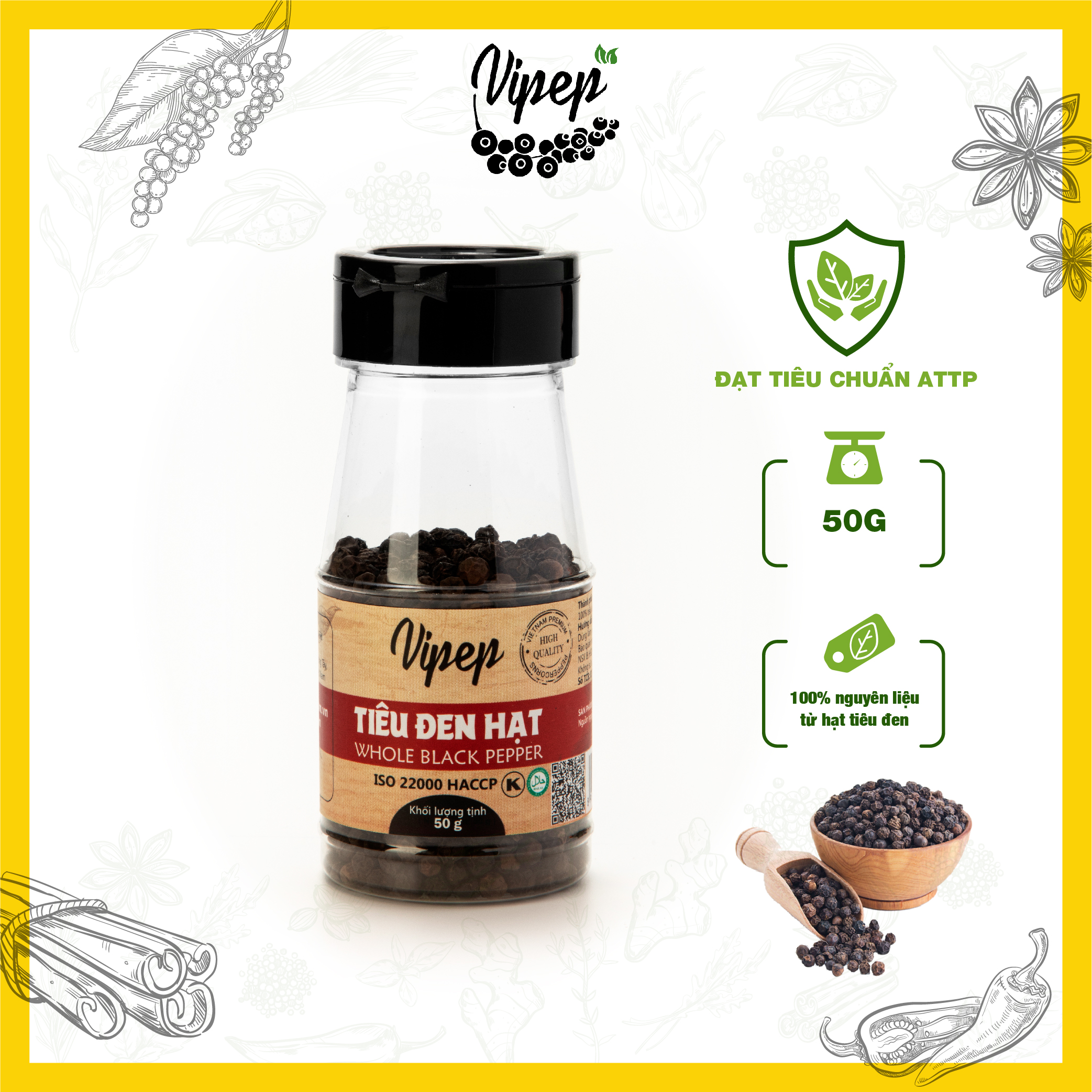 Tiêu đen nguyên hạt Vipep 50g - 100g - 250g - 500g , hạt tiêu đều chắc, không bị lép, gia vị nêm nếm hảo hạng