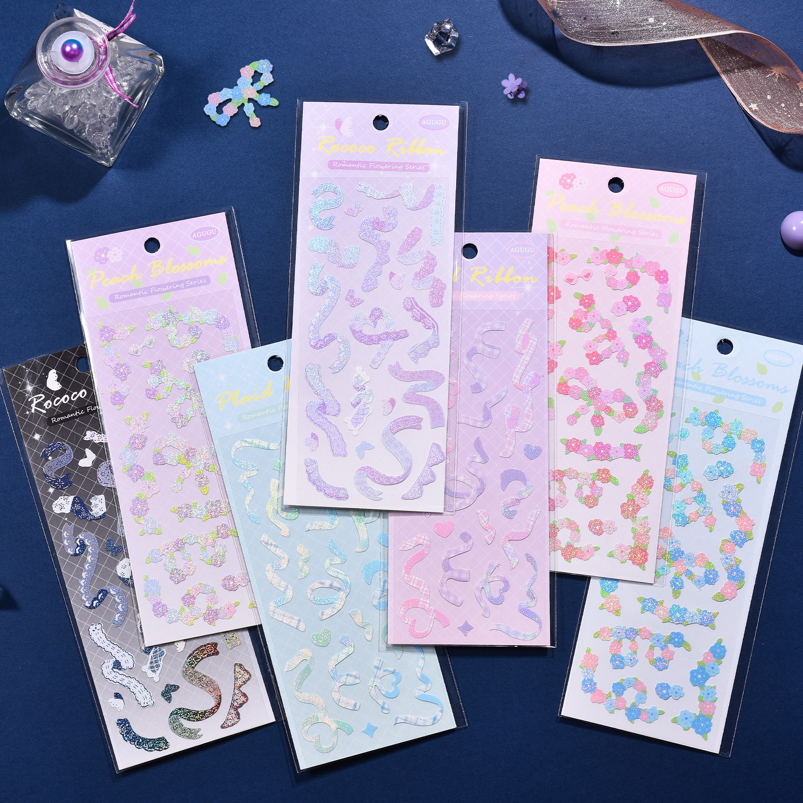 Tấm sticker bling bling lấp lánh họa tiết ruy băng nhiều loại decor toploader, trang trí