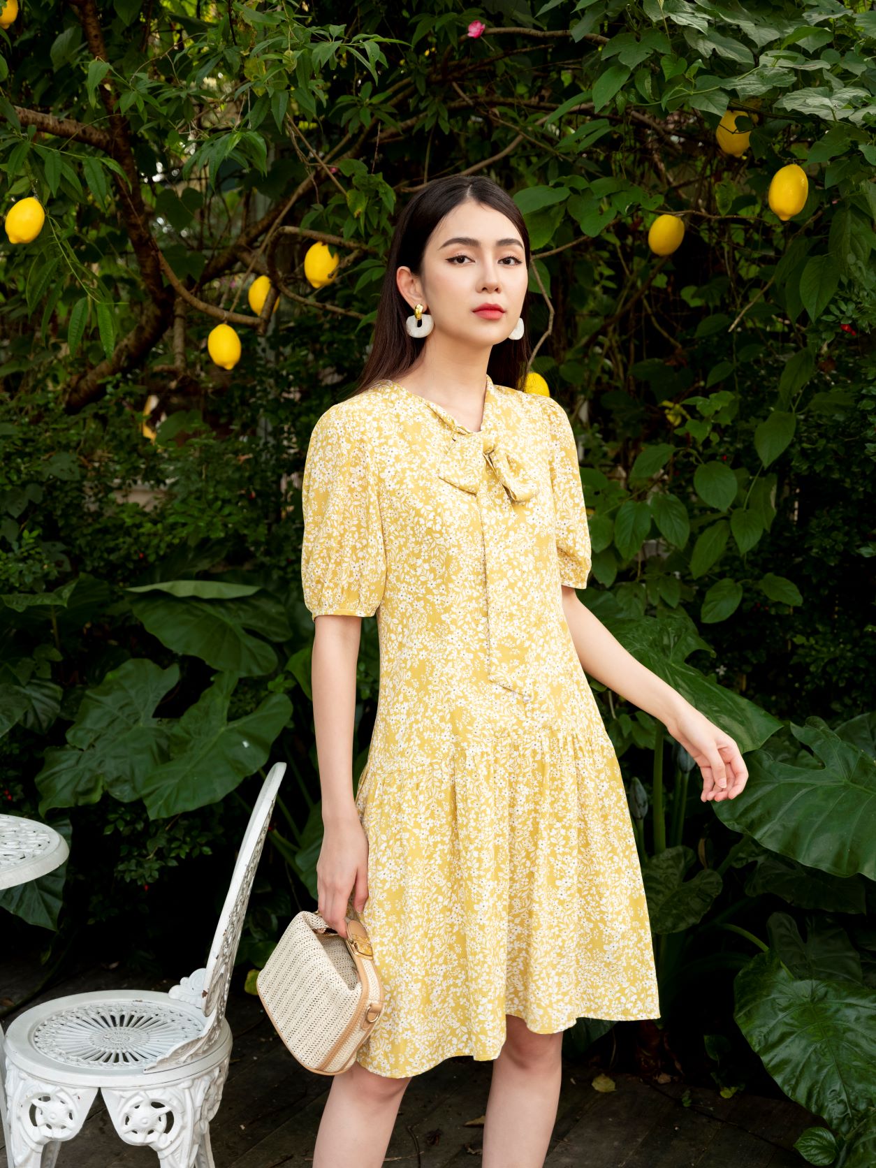 De leah - đầm suông hạ eo dây nơ cổ - thời trang thiết kế