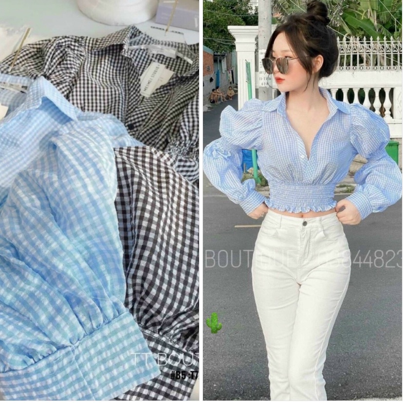 [SIÊU SALE KHỔNG LỒ] - Áo sơ mi nữ croptop tay phồng dài bo eo thời trang sọc caro công sở đi làm đi chơi cá tính trẻ trung PC