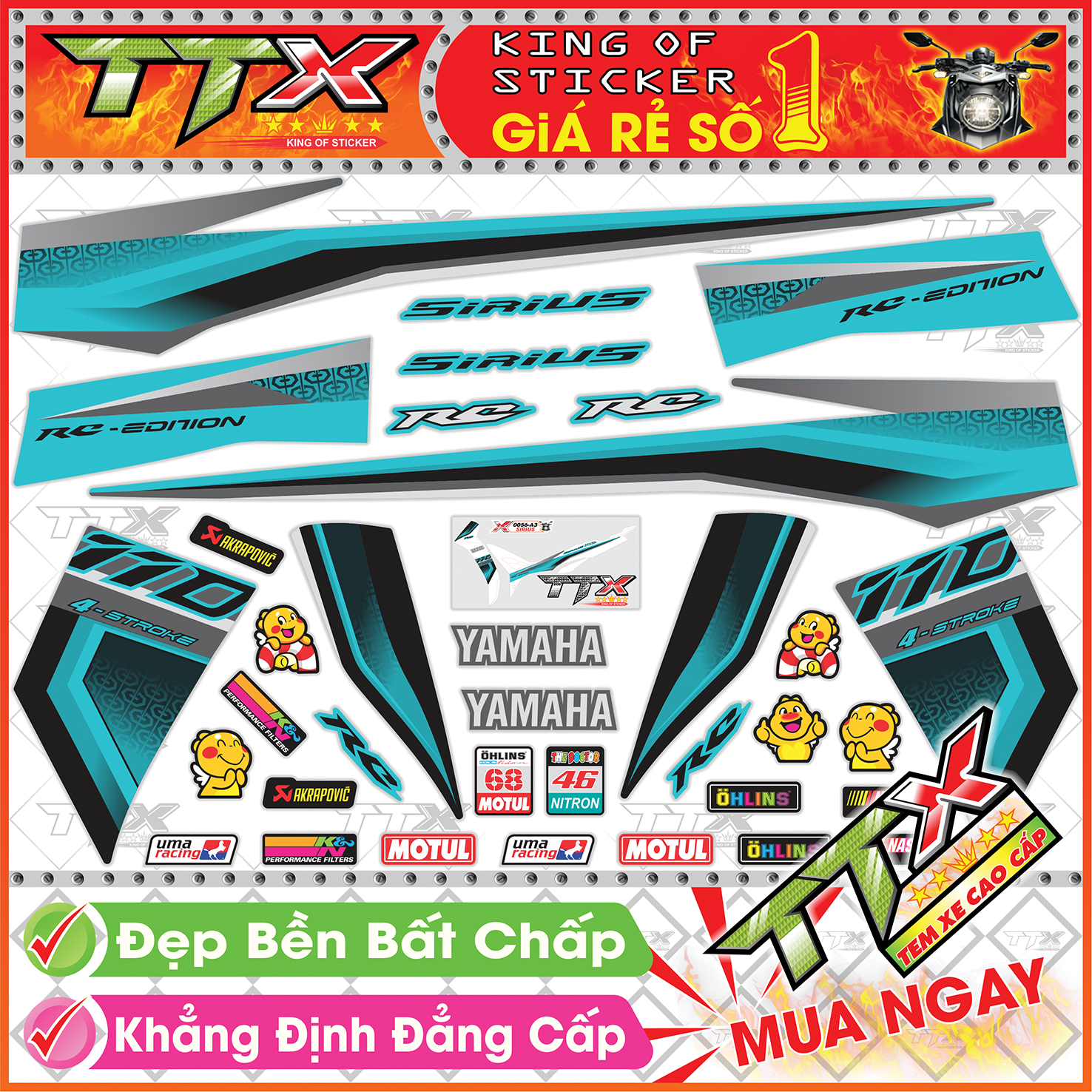 Tem Xe Sirius Đen Xanh Lục Bảo RC - Tem Sirius RC 110 Xanh Đen Lục Bảo siêu Đẹp - Mẫu Team Sirius Đen Xanh