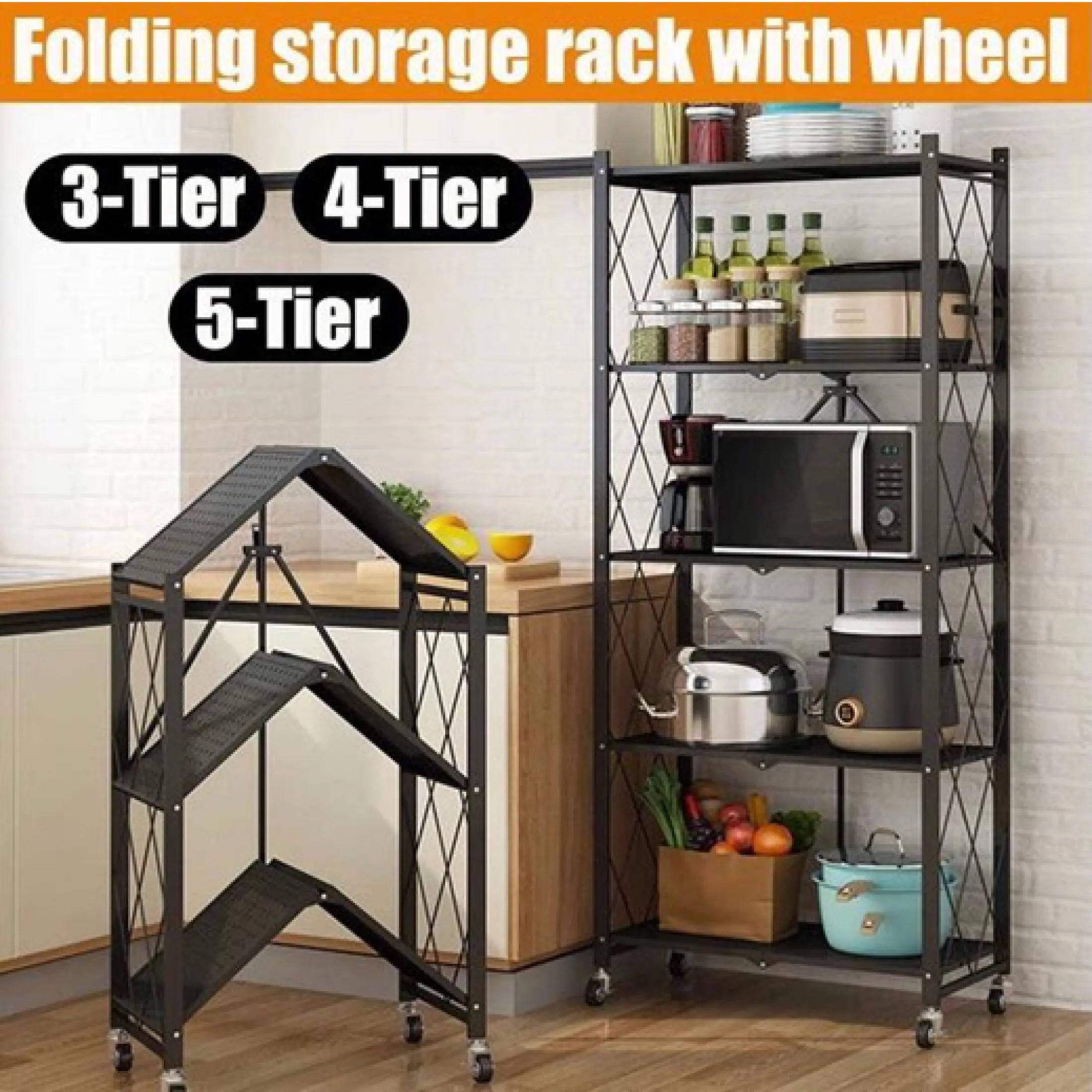 3 4 5 Folding Rack Storage Kitchen Racks Foldable With Wheel Movable Space Saving Organizer No Installation Lazada Singapore