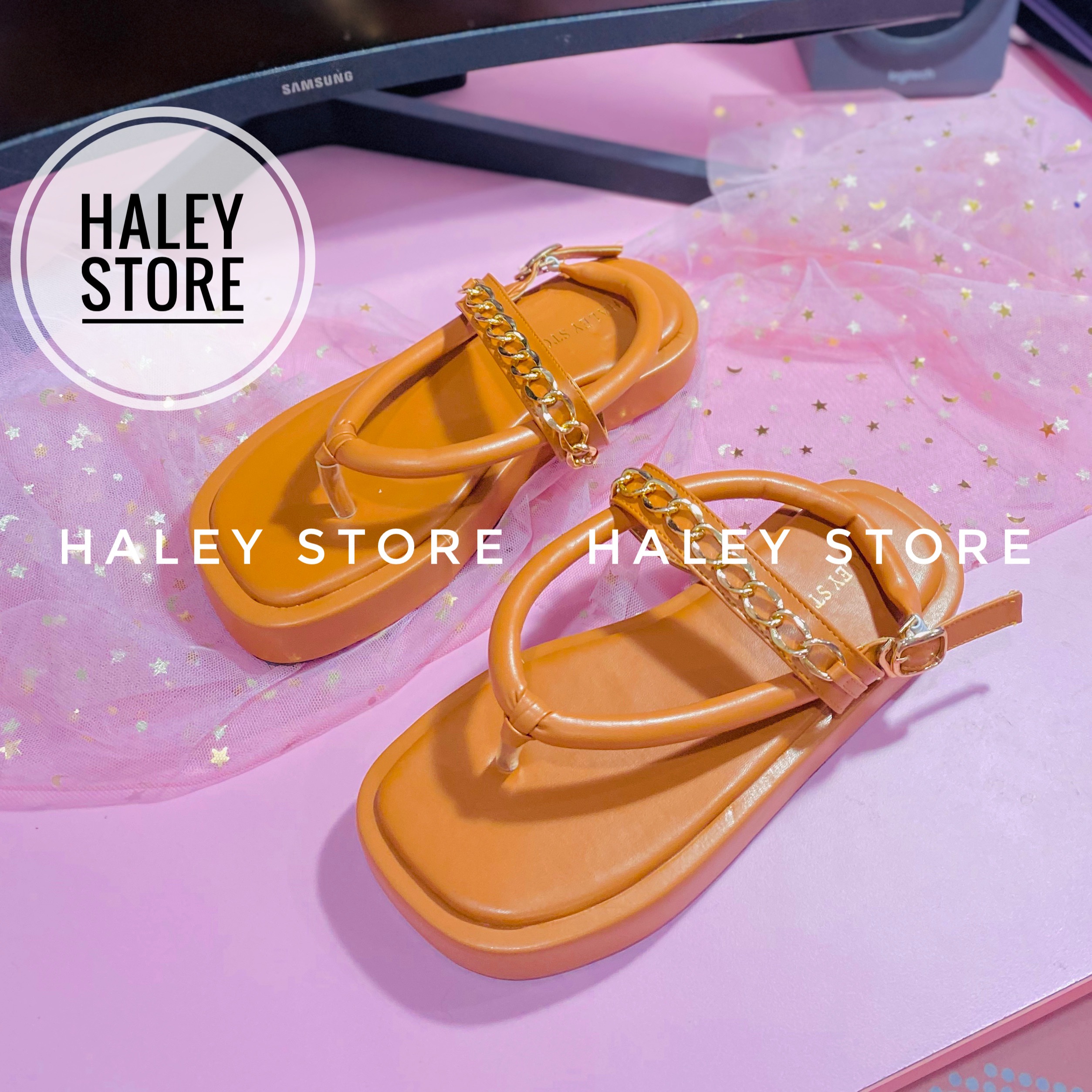 Giày sandal nữ HALEY STORE đế bánh mì quai phồng kẹp đính phối xích mũi vuông đi êm châm trẻ trung hottrend rẻ bền đẹp