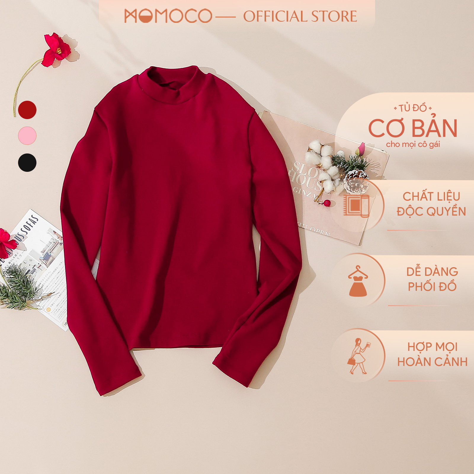 Áo len dài tay cổ 3 phân momoco m2925 chất liệu cotton len, cotton zip mềm mại ấm áp kiểu dáng basic thanh lịch