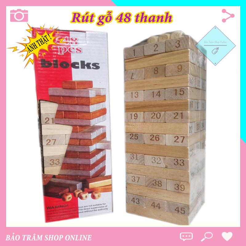 Trò chơi rút gỗ cực thông minh size To 48 thanh, Đồ chơi cho trẻ em bằng gỗ an toàn