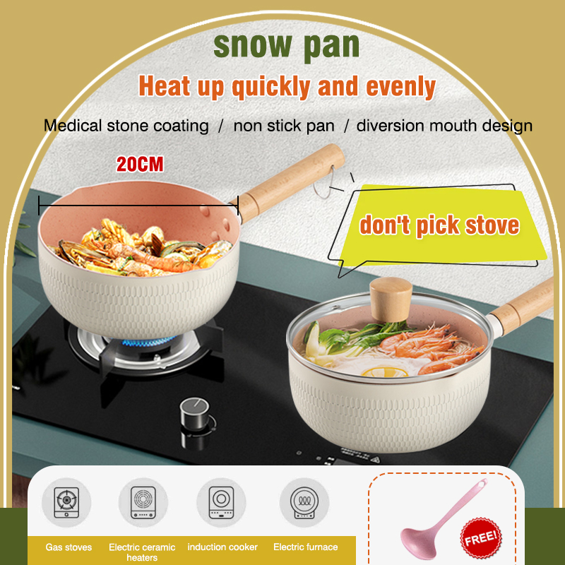 Gambar 2.5L Medical stone snow pan Non Stick Pot Bowl Pan Deep Fry Pan Healthy Frying Milk Pan Wok Hotpot Ramen Cooker Cooking Pan Flat Bottom Stirfry Wok with Handle Double Sided frying Grill Pan Cookware Tool with Cover Suitable All Stove Including