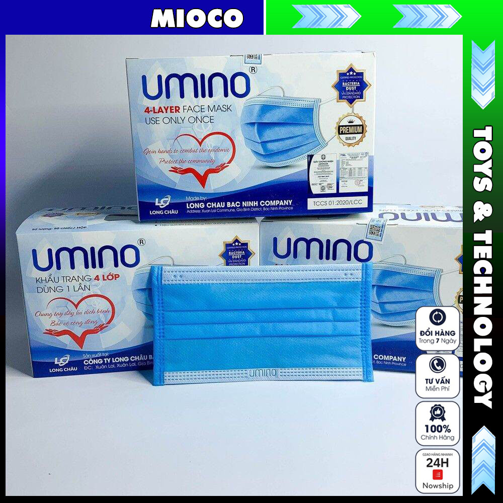 Khẩu trang y tế màu trắng 4 lớp kháng khuẩn hộp 50 cái UMINO