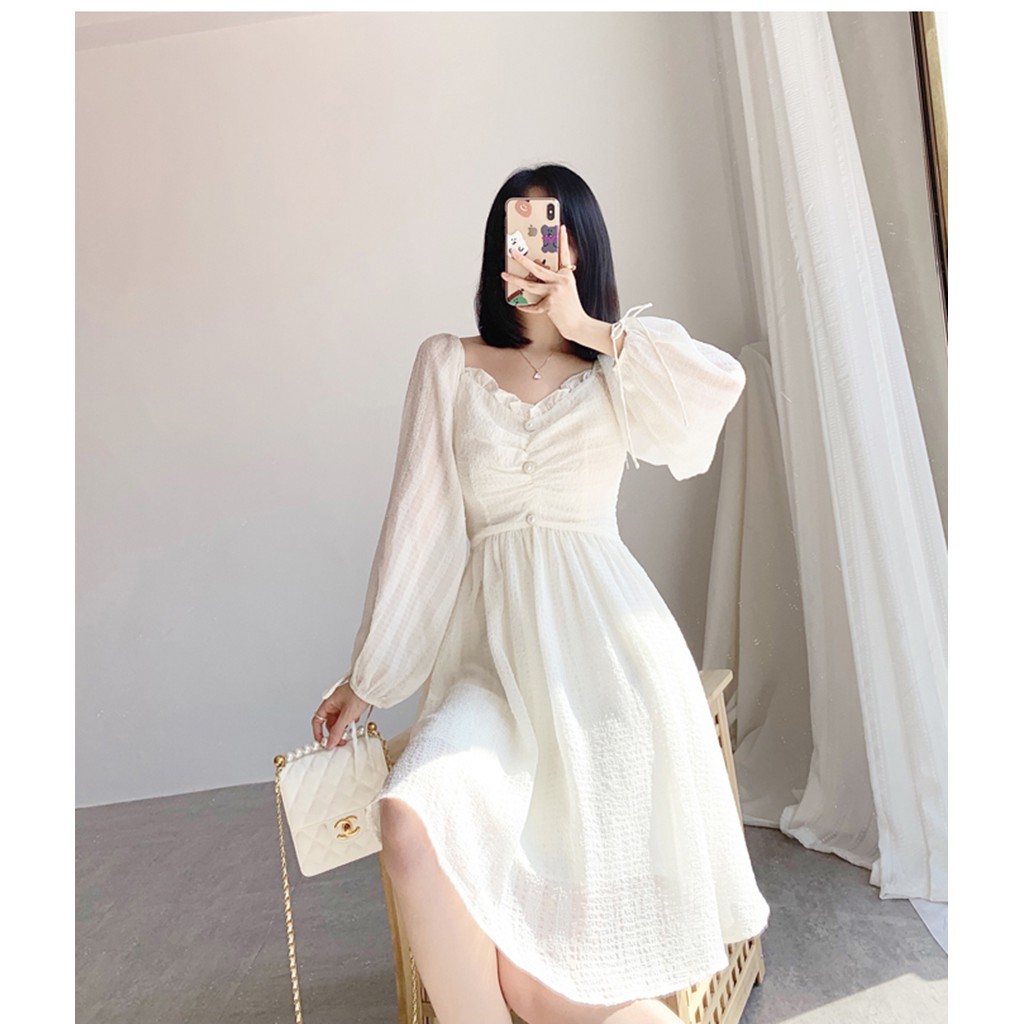 Váy babydoll dáng dài trắng tay bồng 3 khuy ngực, đầm nữ dự tiệc dáng xòe babydoll