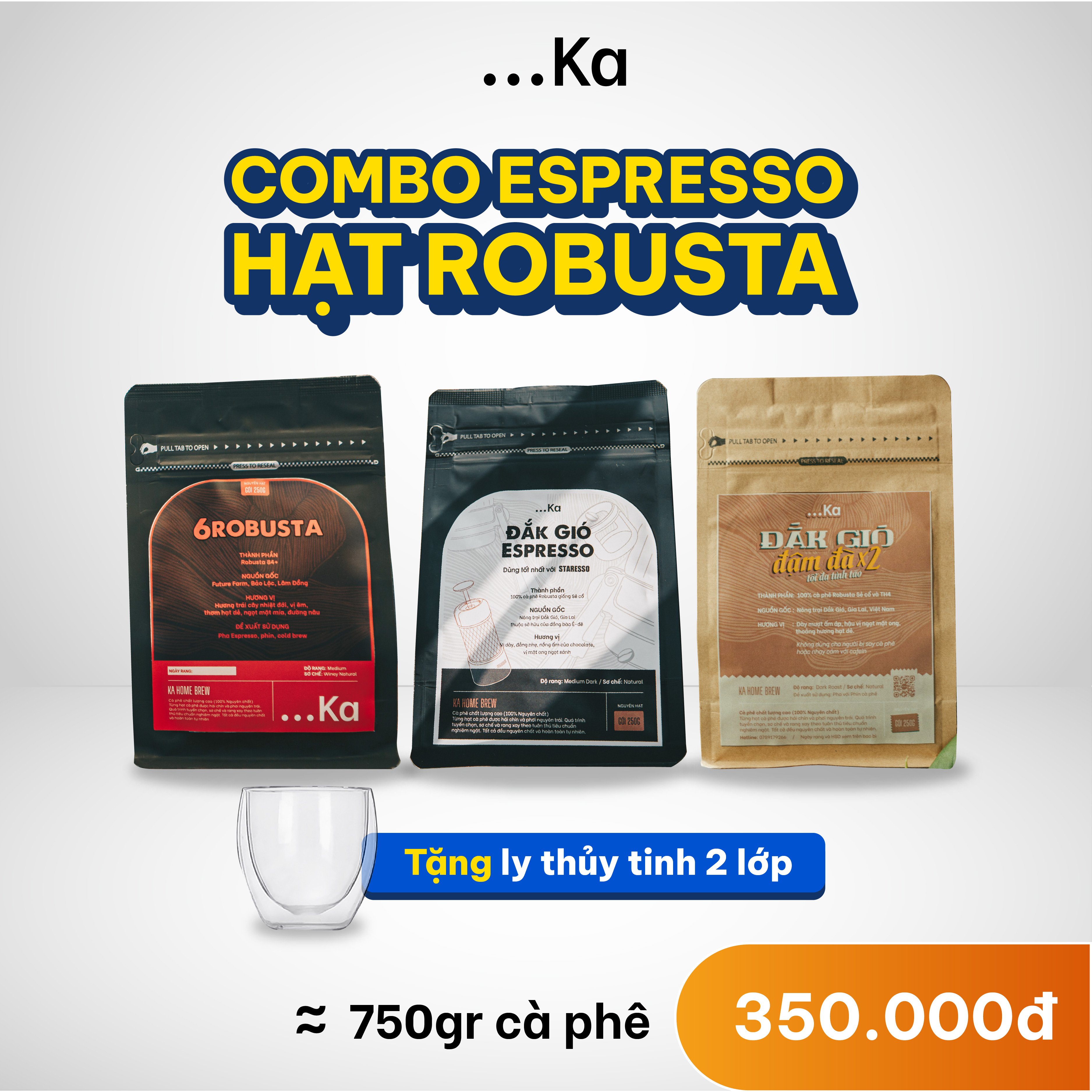 Cà phê Robusta rang xay nguyên chất, Combo 750g Cà phê gồm Fine Ro 84+ và hạt Robusta Dak Lak giống sẻ cổ Pha Espresso