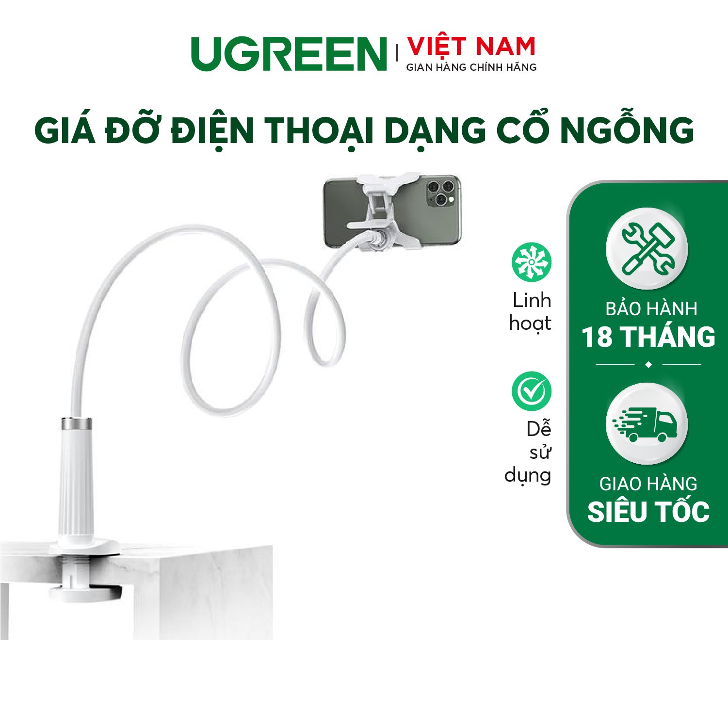 Giá đỡ điện thoại UGREEN LP113 | Dạng cổ ngỗng dài 90cm | Kẹp khe bàn chắc chắn, dễ dàng tùy chỉnh góc xoay | Hàng phân phối chính hãng | 30488 80906.
