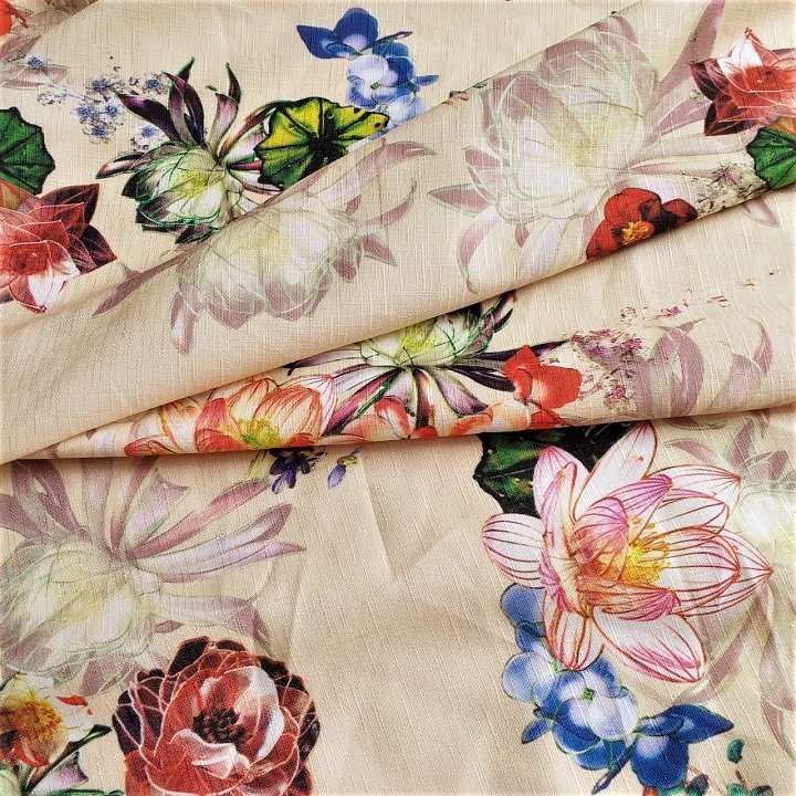 [HCM] Nửa Mét Vải Đũi Gân Kem Hoa - Khổ 1m5 - Chất Dịu - Co Giãn Nhẹ - Không Cần Lót - Đầm, Bộ, Áo...