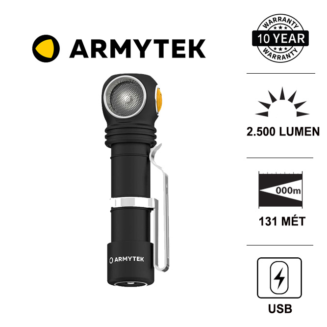Đèn pin đeo đầu dạng gù đa năng cao cấp armytek wizard c2 pro - ánh sáng trắng độ sáng 2500lm chiếu xa 131m sử dụng sạc nam châm pin 18650 3500mah kèm theo đèn đèn pin