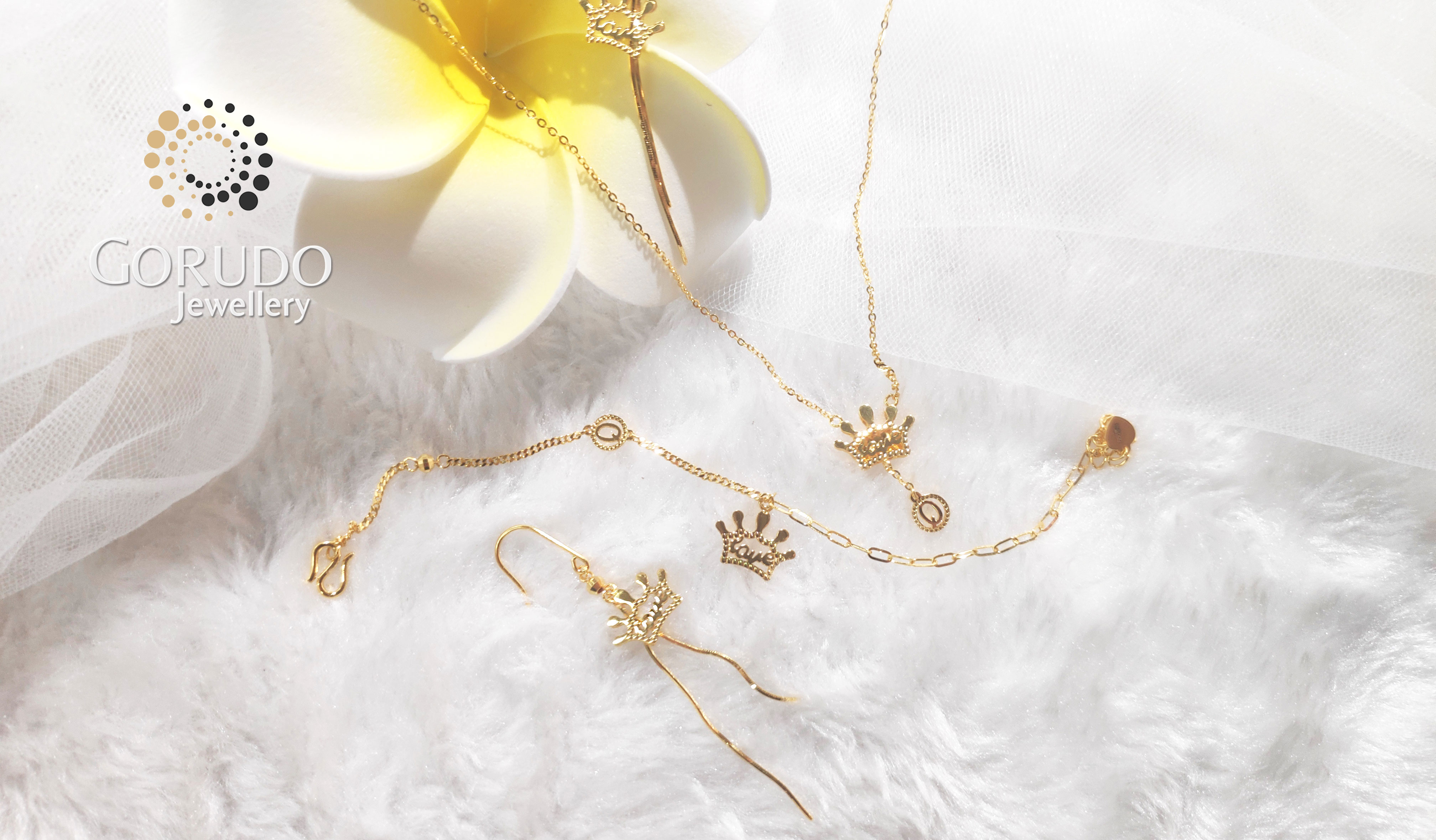 Gorudo Jewellery Pendente a forma di corona d'amore in oro puro 999 con catena + bracciale + orecchino (set di gioielli)