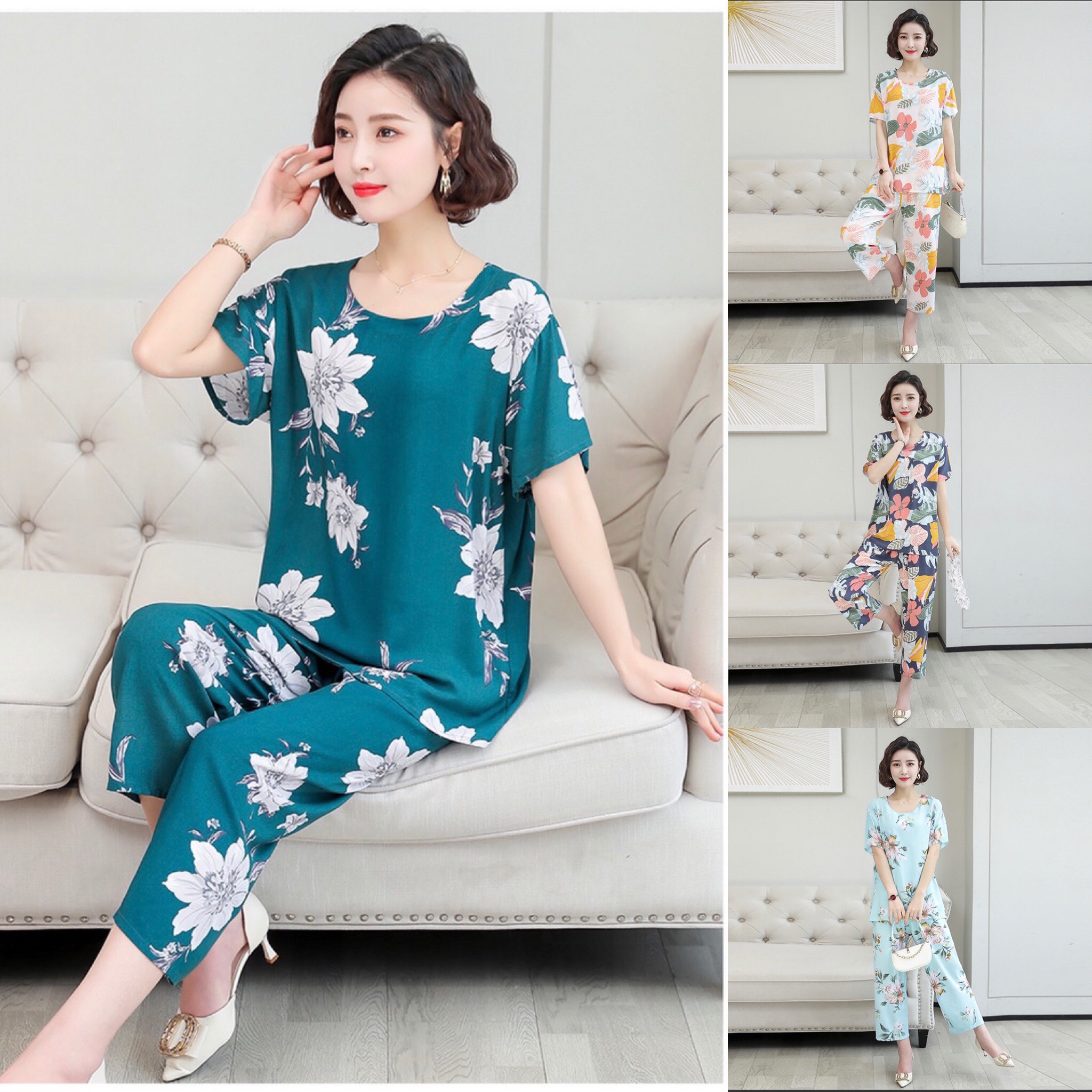 Đồ bộ nữ trung niên vải lanh lụa tay ngắn quần dài - set bộ mặc nhà trung niên cho mẹ cao cấp
