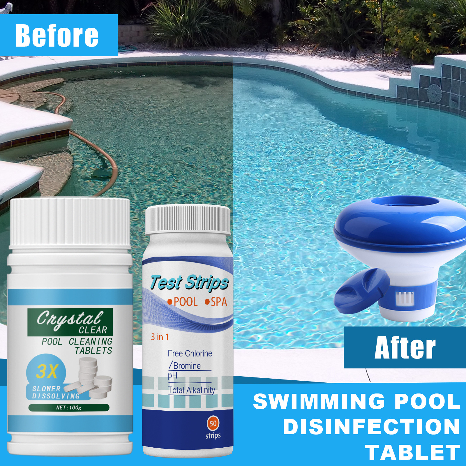 YEGBONG Pool Effervescent Tablets Pool Chlorine Tablets Chlorine Tablets for Swimming Pool Floater Dispenser Magic Pool Cleaning Disonfectant Swimming Pool Frame Net Skimmer Cleaner Swimming Pool Clarifier Chemical Floating Dispenser Swimming 100G ราคา 335 บาท*ส่งฟรี