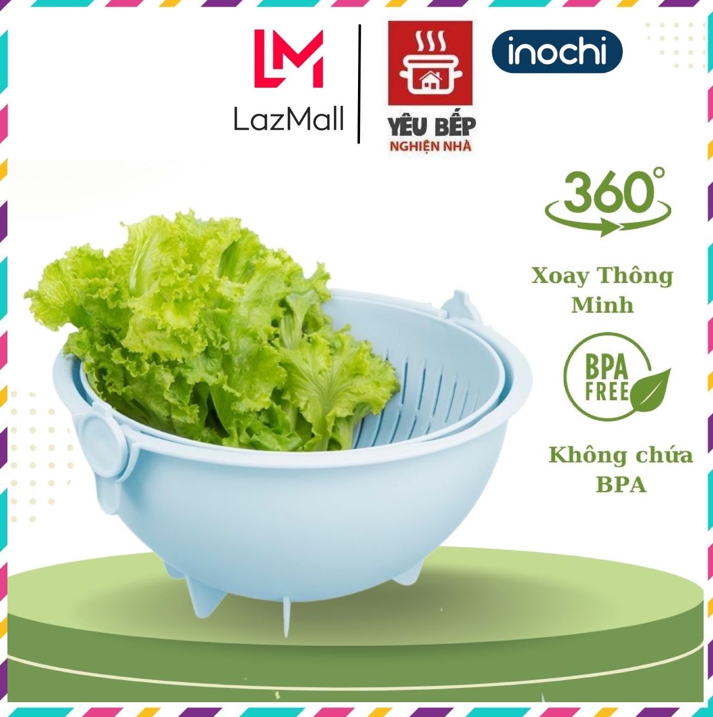 Bộ thau rổ xoay đa năng Yoko INOCHI dễ dàng sử dụng, chất liệu cao cấp phủ Ag+ kháng khuẩn, giao màu ngẫu nhiên