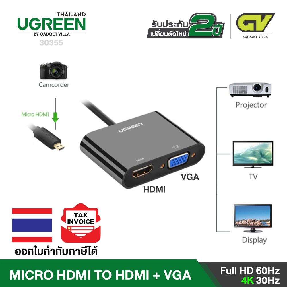 UGREEN MM115 ปลั๊กแปลงสัญญาณ Micro HDMI ไปเป็น HDMI หรือ VGA รองรับ 4K พร้อมช่องเสียบสาย ออดิโอ 3.5 mm. รุ่น 30355 (สีดำ) / รุ่น 30354 (สีขาว)