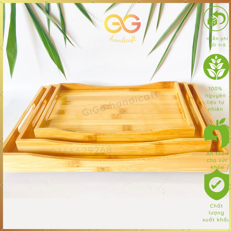 BAMBOO] Khay gỗ tre đựng đồ đa năng - khay tre bê đồ chữ nhật có tay cầm, khay đựng đồ vát cạnh